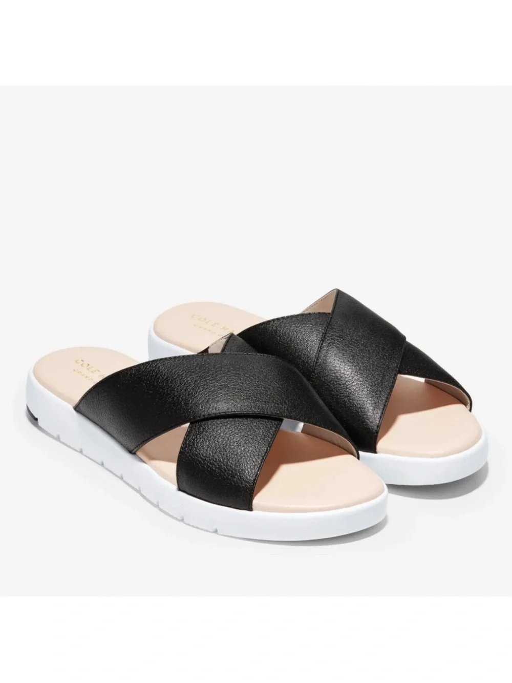 Cole Haan ZerøGrand Criss Cross Leather Slide Sandals Black White Comfort 10.5